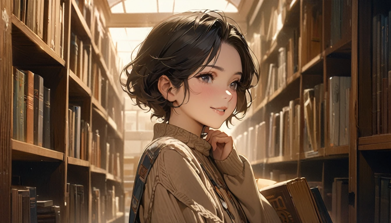 1girl, solo, gentle smile on her face flat chest, short hair, black hair, upper body, ((masterpiece, illustration, best quality)) ((best quality)), ((masterpiece)), (detailed), perfect face, A young woman wearing vintage clothes in the year 1980, and is in a library, (masterpiece, best quality, highres, high resolution:1.2), extremely detailed, realistic, intricate details, Jamie, 21 year old woman, pretty face, in library, holding stack of books, slacks, sweater,