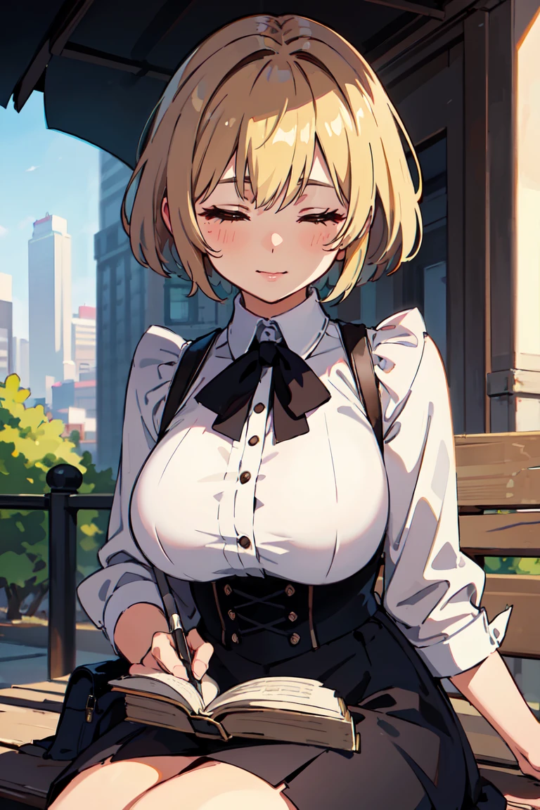 masterpiece, best quality, highly detailed background, perfect lighting, best quality, (extremely detailed face), volumetric lighting, intricate details, shadow, tonemapping, sharp focus, hyper detailed, trending on Artstation, (solo).Girl with short blond hair. Brown eyes. curvy. Blush, Clear skin. Big bust.((Gothic dressed)). ((Sitting in the park reading)) ((Ojos cerrados)) ((Closed eyes)) smile.