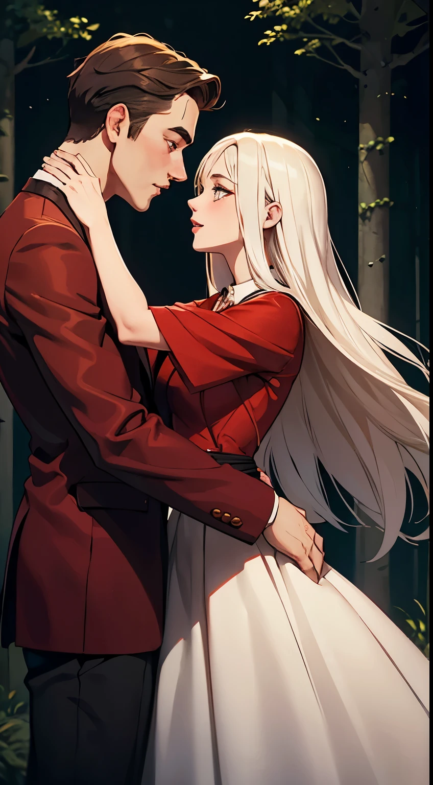 A dark forest background.

A girl With hair as white as paper blonde hair in a red dress. Being kissed by a man with black hair wearing a suit