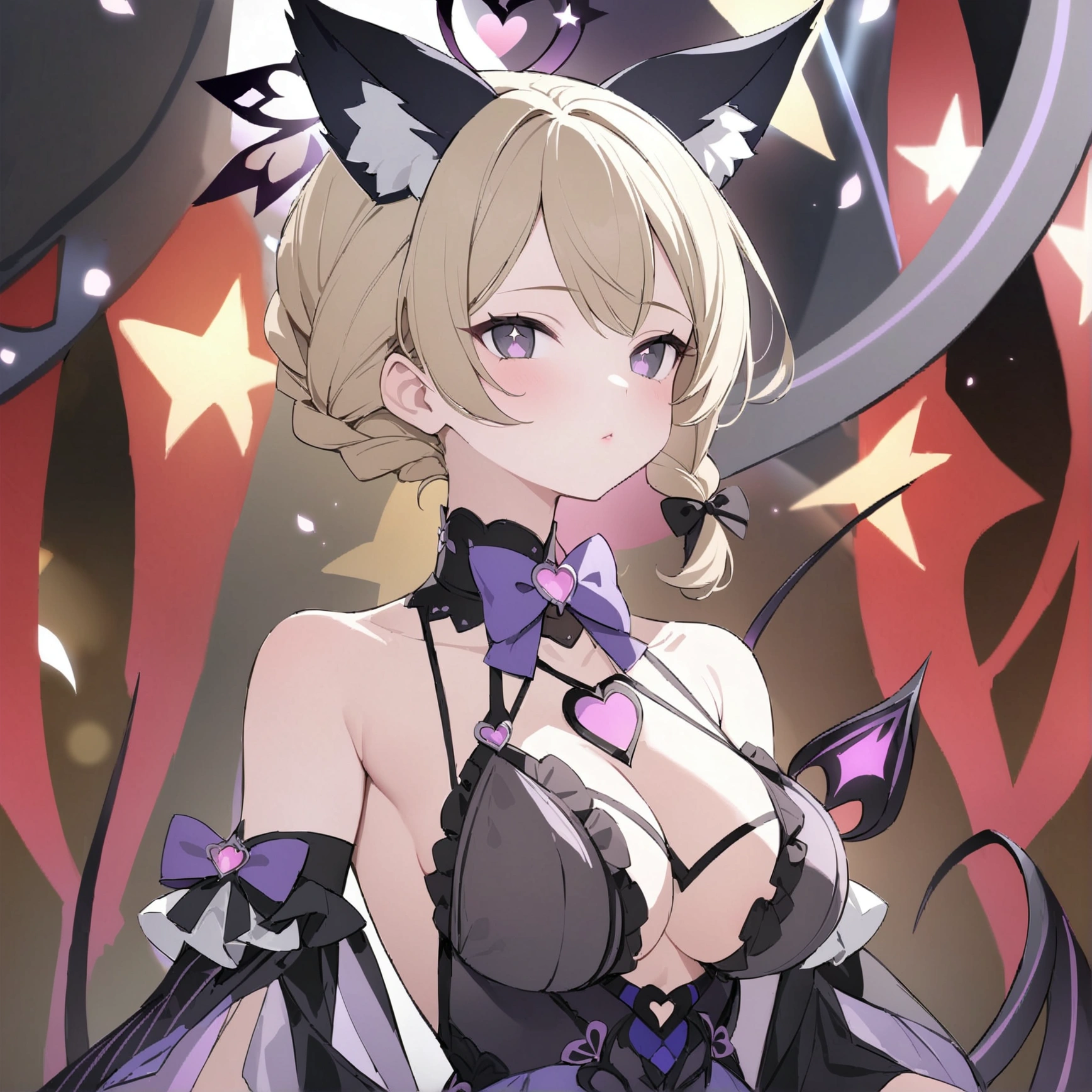 Woman 170cm tall, big chest, wide hip. (character design sheet: Full body front view). (blonde hair, hip length curly wavy hair, It is placed in a side bang, She has a short braid tied with an elegant purple bow on the left side of her hair.. She has a short braid tied with an elegant purple bow on the right side of her hair. She has small ribbons in the back of her hair.). Gray eyes with a purple 4-pointed star in the pupil. Two black and purple serval ears located on the top of the head. Luminous black halo with purple star patterns above his head. black necklace with a heart emblem on the neck. (Elegant one-piece long dress with lace and ruffle skirt, ribbon decorations and star patterns on the dress). black gloves, beautiful black platform heels. gray belt at the waist with a large ribbon with a luminous pink heart in the middle. He has a complex demon tail with a small purple star on the tip.. (It has complex mechanical legs that reach up to the thighs and are black with small purple details.). beautiful detailed hair, beautiful detailed dress. extremely detailed arms. extremely detailed face, small face, Beautiful detailed eyes, beautiful detailed lips. adorable. extremely detailed legs. (Best Quality, 4k, 8k, high resolution), ultra detailed, Exquisite and epic character art.