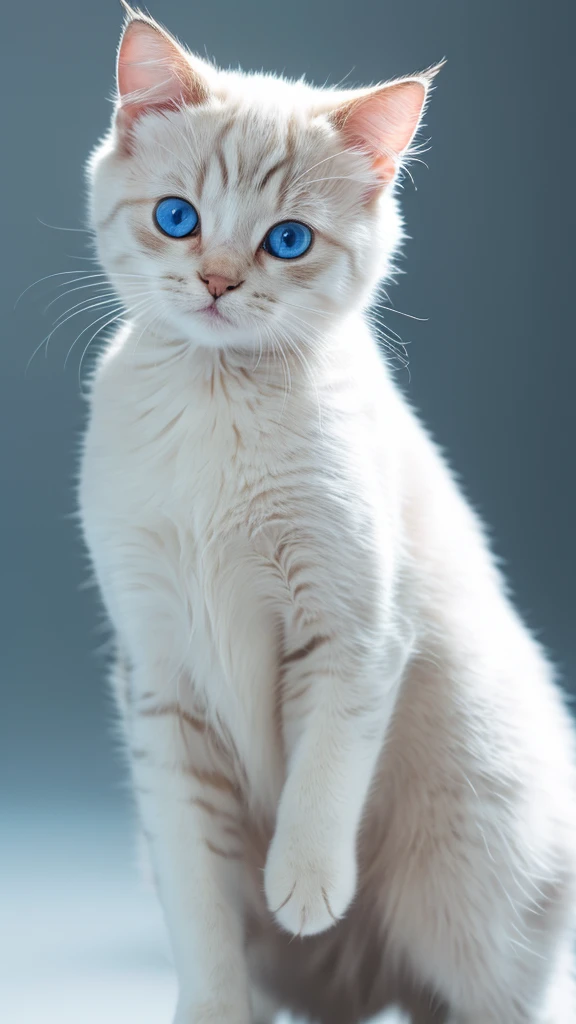 Create high quality images of your kitten, Pure white fur, blue eyes, short hair, A cold and dignified attitude, And standing. Using advanced macro photography techniques、Highlights the intricate details of a cat's fur、Photograph your cat in a typical pose。. Place the camera at the cat's eye level, Our goal is、It's about establishing an intimate connection between the viewer and the subject.. To highlight the texture and contours of the cat's body, Improve your lighting. Photographing a relaxing cat, A balanced posture that demonstrates flexibility and grace, Capture the moment in natural motion、Improves image clarity。. It's cute like this, Detailed digital art of a cute anime kitten, Realistic anime-style visuals, Best 4K Anime Art Wallpaper.