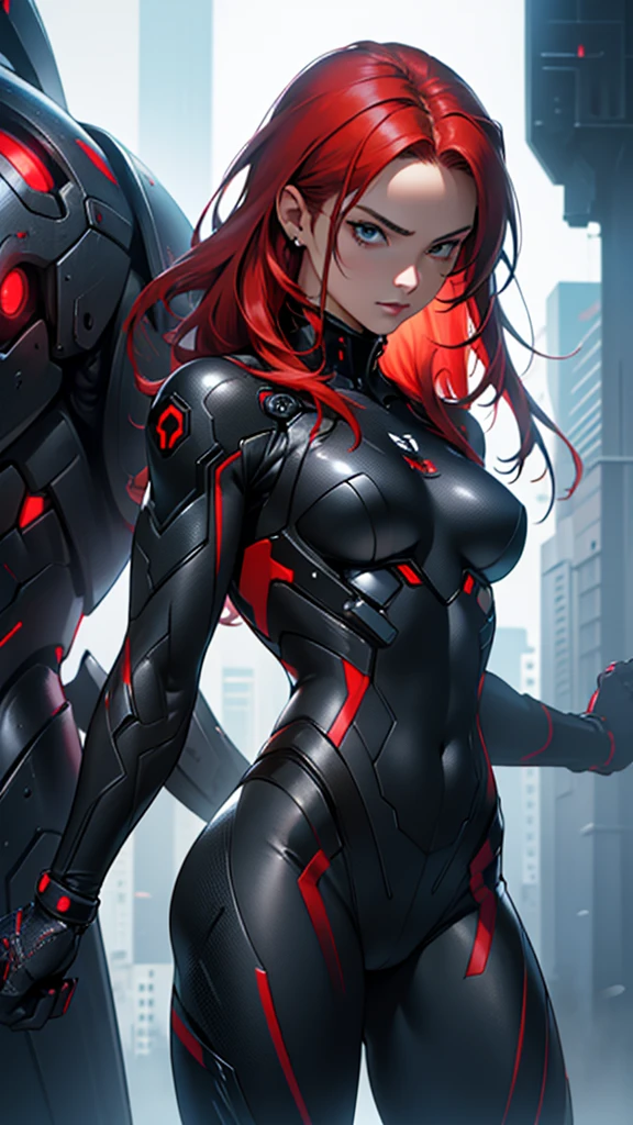 Beautiful cybernetic girl detailed muscles realistic masterpieces full figure pose (best quality,ultra-detailed), red hair, fair skin, fit body, slim figure, narrow waist, (cocky expression), black carbon fiber cybernetic mobile combat suit, dynamic pose