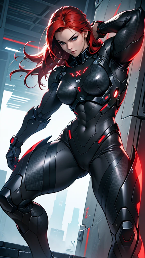 Beautiful cybernetic girl detailed muscles realistic masterpieces full figure pose (best quality,ultra-detailed), red hair, fair skin, fit body, slim figure, narrow waist, large buttocks, (cocky expression), wearing a full black cybernetic mobile battle suit