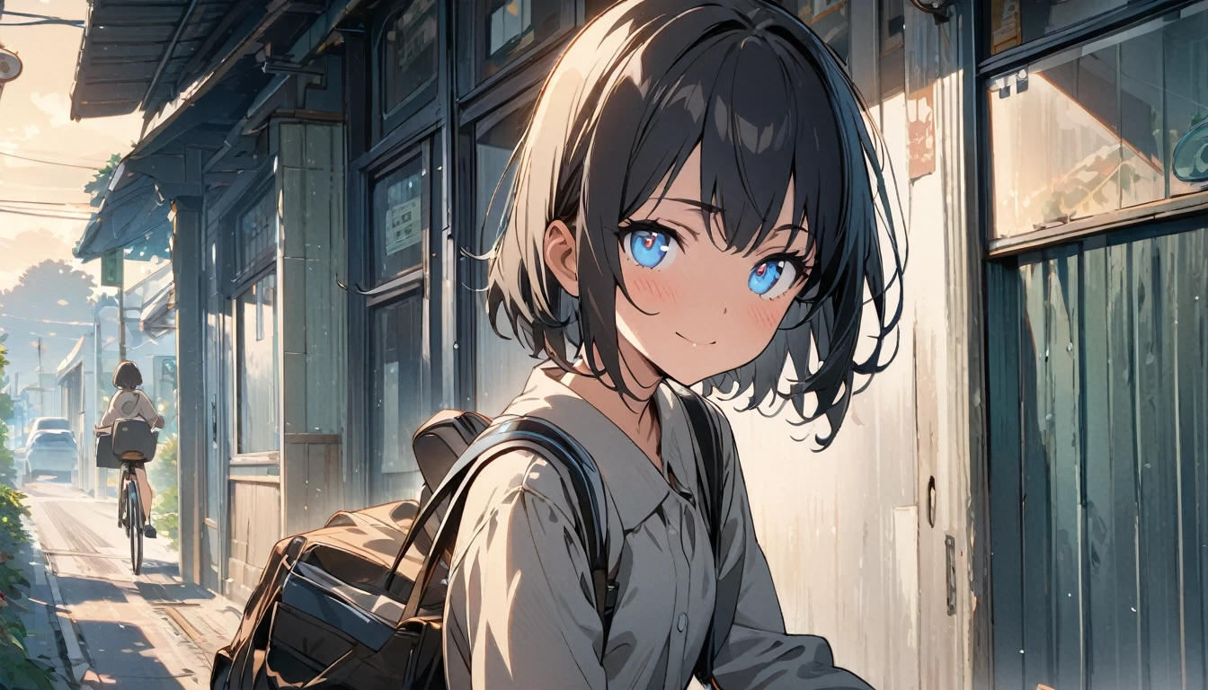 1girl, solo, gentle smile on her face flat chest, short hair, blue eyes, (detailed eyes), black hair, ((masterpiece, illustration, best quality)) ((best quality)), ((masterpiece)), (detailed), morning,A woman on her way to school by bicycle,,In front of the station