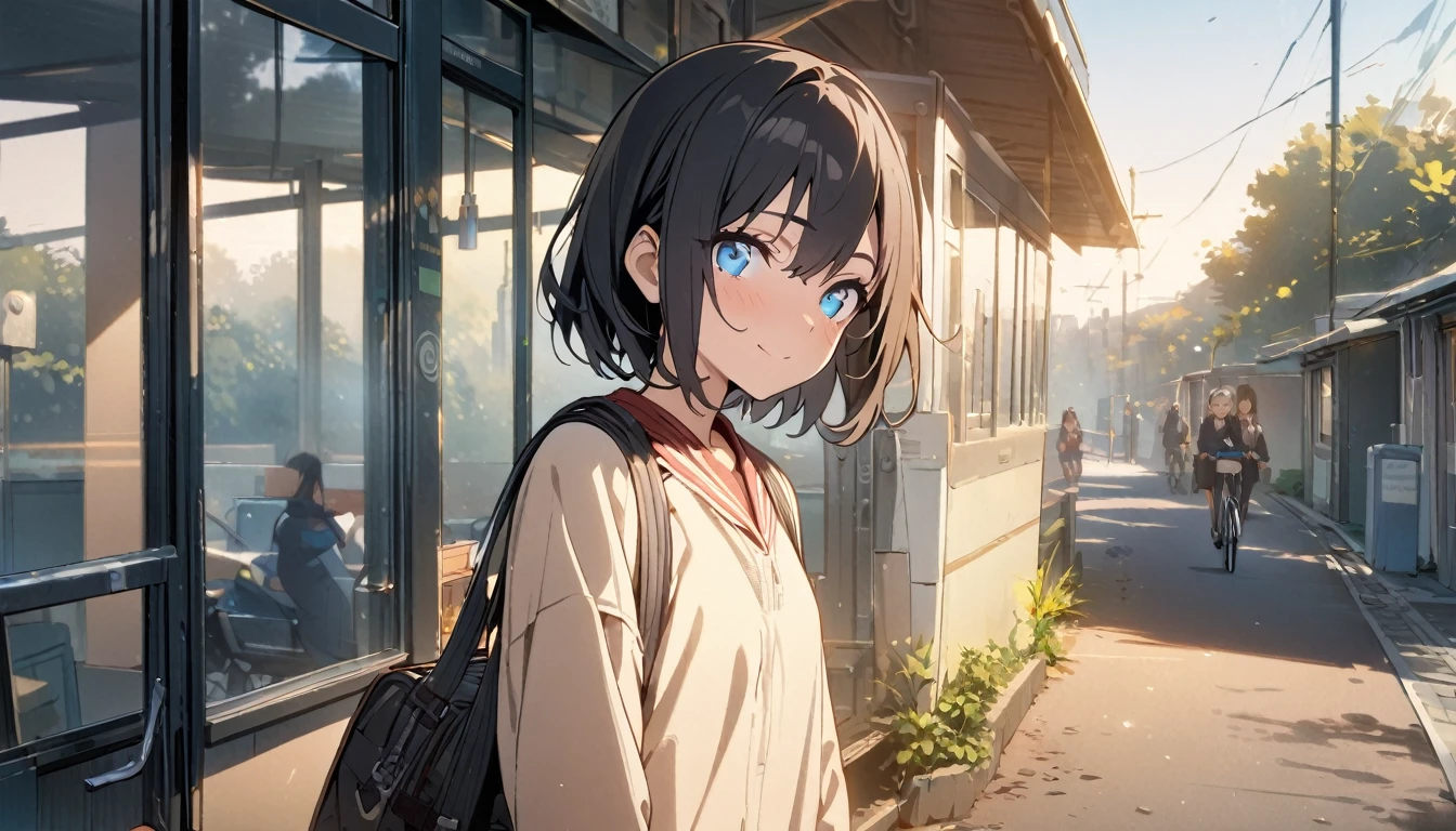 1girl, solo, gentle smile on her face flat chest, short hair, blue eyes, (detailed eyes), black hair, ((masterpiece, illustration, best quality)) ((best quality)), ((masterpiece)), (detailed), morning,A woman on her way to school by bicycle,,In front of the station