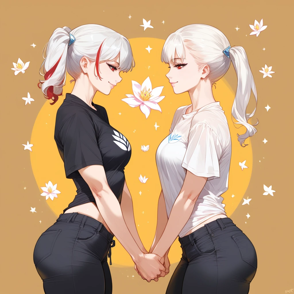 mixed_artwork style, hands, Asian, short black sleeveless t-shirt, black pants, short black hair with red highlights, red eyes, visible curves.
mixed_artwork style, 2 girl, standing alone, hands, beautiful woman, Asian, thick, short white blouse tied, short shorts, white hair ptinta locks, twin tails, lotus flower details, sarcastic smile, star and heart touch, realistic, textures, 8K, perfect hand, perfect anatomy.
Profile, effects