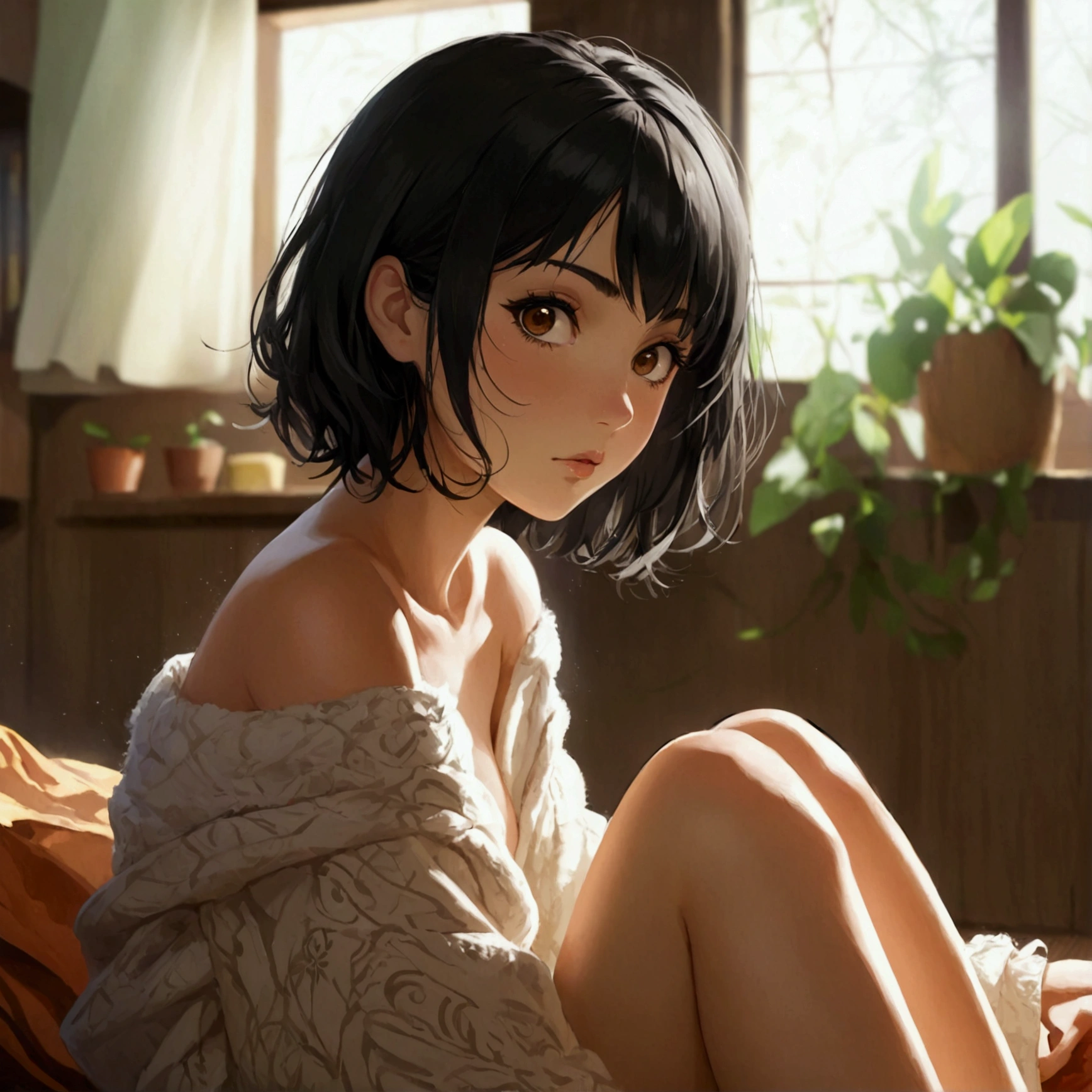 Anime woman with short black hair and brown eyes, she is sitting nude, full body, front view