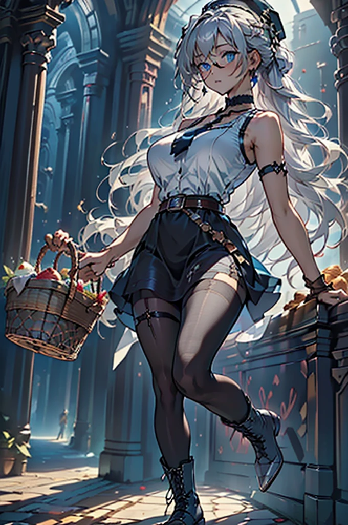 (perky chest:1.2), (pointed chest:1.2),(icecream magazine cover:1.3),(from below:1.3),(shoot from the side:1.1),(((Black Tunic:1.3))),(((cakes and bread in the basket),a 23yo Cute and beautiful girl,masterpiece、highest quality、Very detailed、Beautiful fine details、Detailed landscape、Braided Ponytail、Red camisole、((B cup breasts, Tank top showing underboob:1.0)), thigh strap, bangs, necktie, earrings, nail polish, fishnet pantyhose, silver hair, looking at viewer, full body, bottle, own hands together, belt, food, ring, choker, english text paper:1.2, collared shirt, blue eyes, hat,lace-up boots ,
