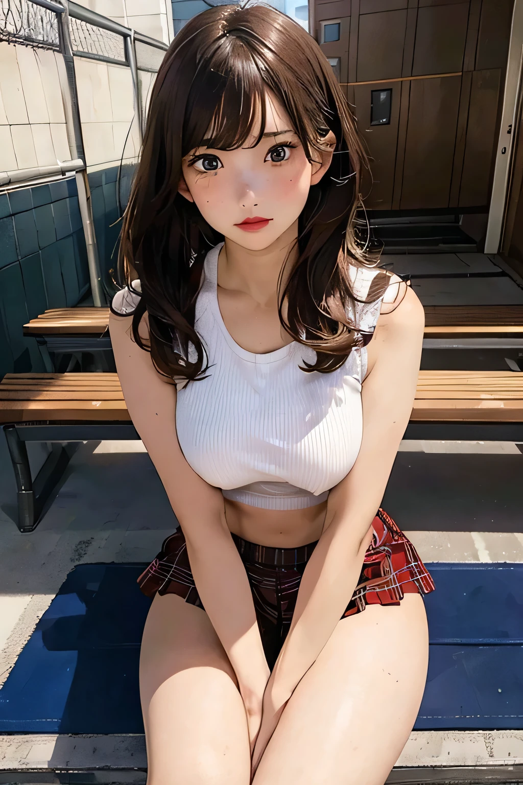 masterpiece, best quality, (photorealistic:1.4), f, lockeroom, a photo of a beautiful woman, full body, sitting on bench, medium brown hair, no curls, bangs, skinny, tarten volleyball outfit, sleeveless, freckles, blue eyes, voluptuous ,  , white socks, red lips, underboob, short sports shorts, nervous facial expression, bra, knickers in handt