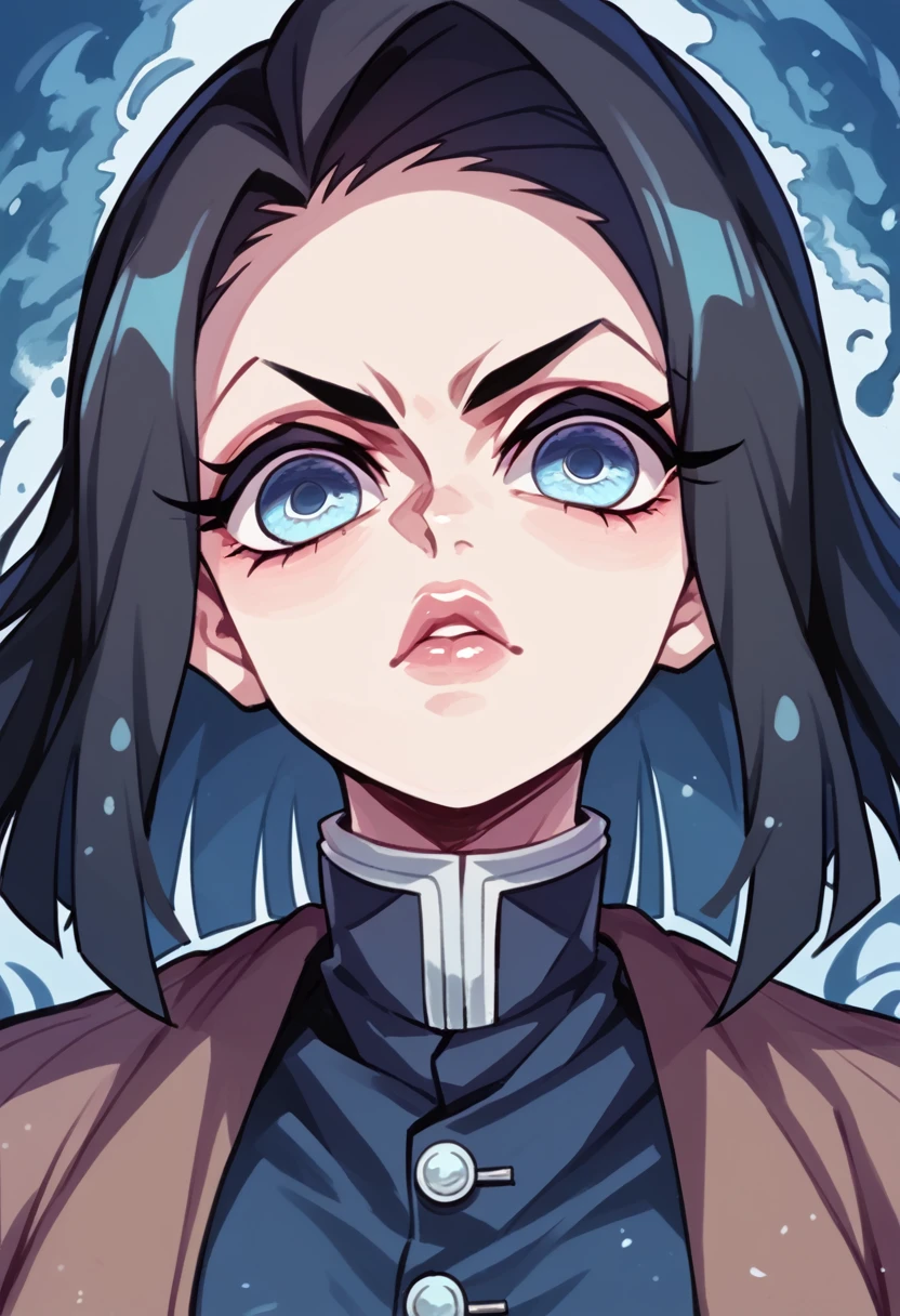 demon slayer anime style, a demon hunter, dark blue cover with white notches, blue colored eyes, ssmile, shiny lips, Bblack hair, beautifull look.