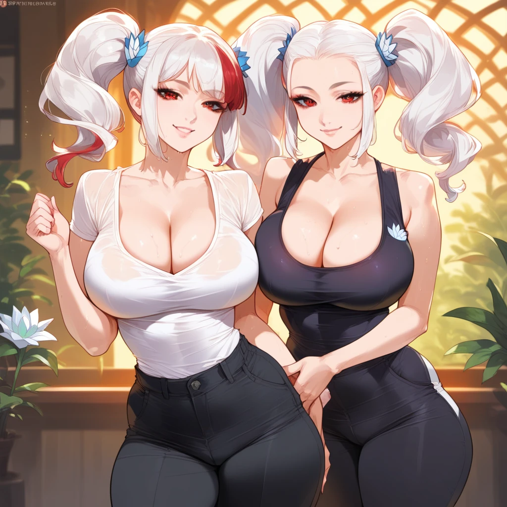mixed_artwork style, cleavage, sweaty, hands, Asian, short black sleeveless t-shirt, black pants, short black hair with red highlights, red eyes, visible curves.
mixed_artwork style, 2 girl, standing alone, hands, beautiful woman, Asian, thick, short white blouse tied, big cleavage, short shorts, breasts, ptinta eyes, white hair ptinta locks, twin tails, lotus flower details, sarcastic smile, star and heart touch, realistic, textures, 8K, perfect hand, perfect anatomy.