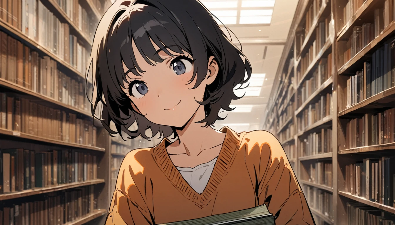 1girl, solo, gentle smile on her face flat chest, short hair, black hair, upper body, ((masterpiece, illustration, best quality)) ((best quality)), ((masterpiece)), (detailed), perfect face, A young woman wearing vintage clothes in the year 1980, and is in a library, 21 year old woman, pretty face, in library, holding stack of books, slacks, sweater,