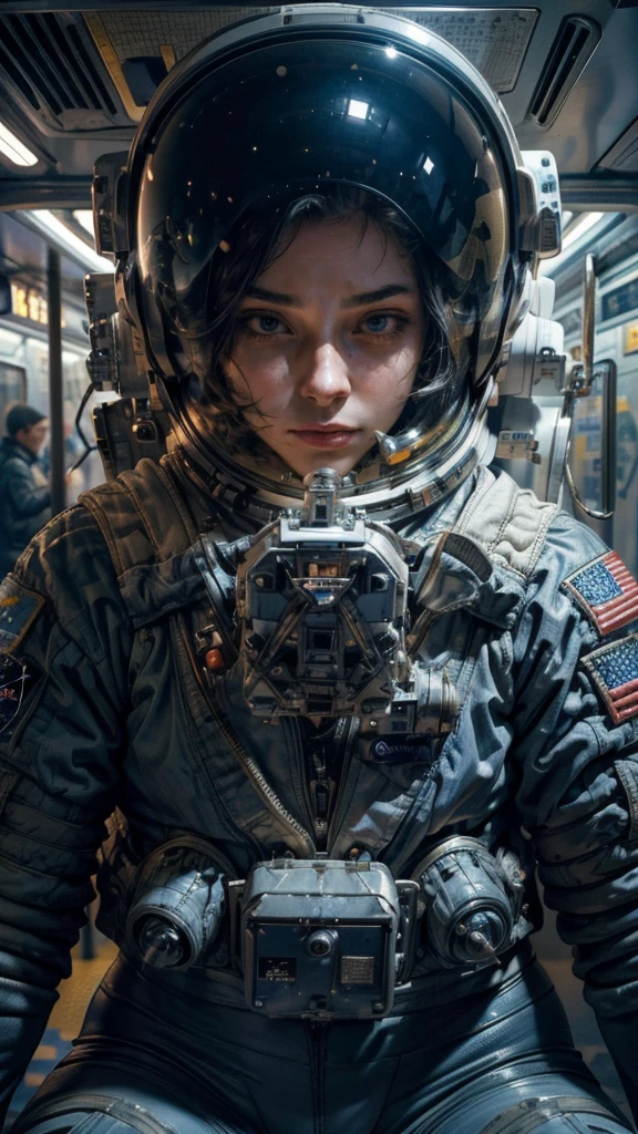 On a subway, A Hyperrealistic, Ultra-detailed, Anatomically Perfect Image of ((woman astronaut, with closed helmet.)) The astronaut helmet covers his face. She's sitting in the Subway bored to get to the spaceship. . ((Cyberpunk city at the background)), raytraced, half body, (raw photo, best quality), (realistic, photo-realistic:1.3), Masterpiece, ((An extremely detailed astronaut helmet)), Best quality score, middle body, close up, high view.