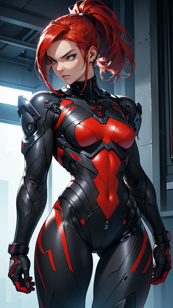 Beautiful cybernetic girl detailed muscles realistic masterpieces full figure pose (best quality,ultra-detailed), red hair, ponytail, fair skin, fit body, slim figure, narrow waist, (cocky expression), black carbon fiber cybernetic mobile combat suit, dynamic pose