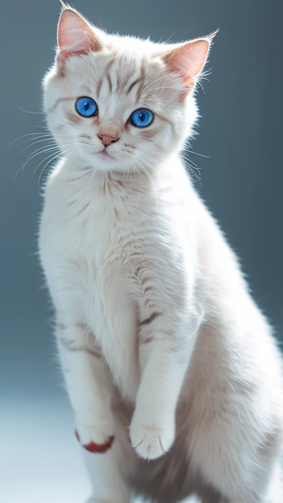 Create high quality images of your kitten, Pure white fur, blue eyes, short hair, A cold and dignified attitude, And standing. Using advanced macro photography techniques、Highlights the intricate details of a cat's fur、Photograph your cat in a typical pose。. Place the camera at the cat's eye level, Our goal is、It's about establishing an intimate connection between the viewer and the subject.. To highlight the texture and contours of the cat's body, Improve your lighting. Photographing a relaxing cat, A balanced posture that demonstrates flexibility and grace, Capture the moment in natural motion、Improves image clarity。. It's cute like this, Detailed digital art of a cute anime kitten, Realistic anime-style visuals, Best 4K Anime Art Wallpaper.Anime Style,An illustration