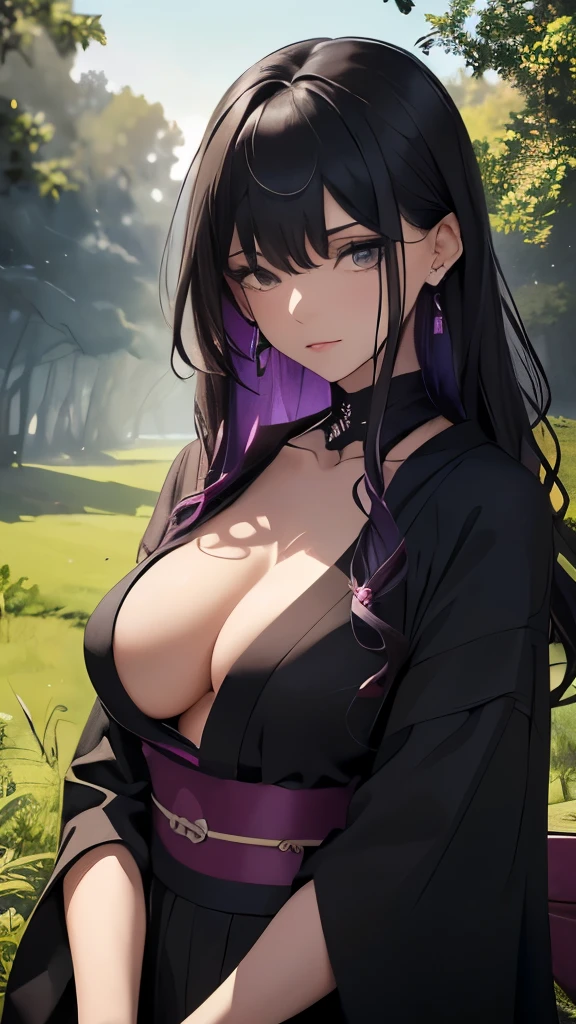 (Woman) Youngh, (whole body) Defined and slim, muslos grandes, medium breasts, (Large kimono) black coloration, with purple bands, (black hair with dark green highlights and wavy), (aretes), (collars), (paisaje) marsh, the night, dark surroundings, tree next door, (Body Position) sitting on the grass, Relaxed, (beautiful face) facefocus, angelical