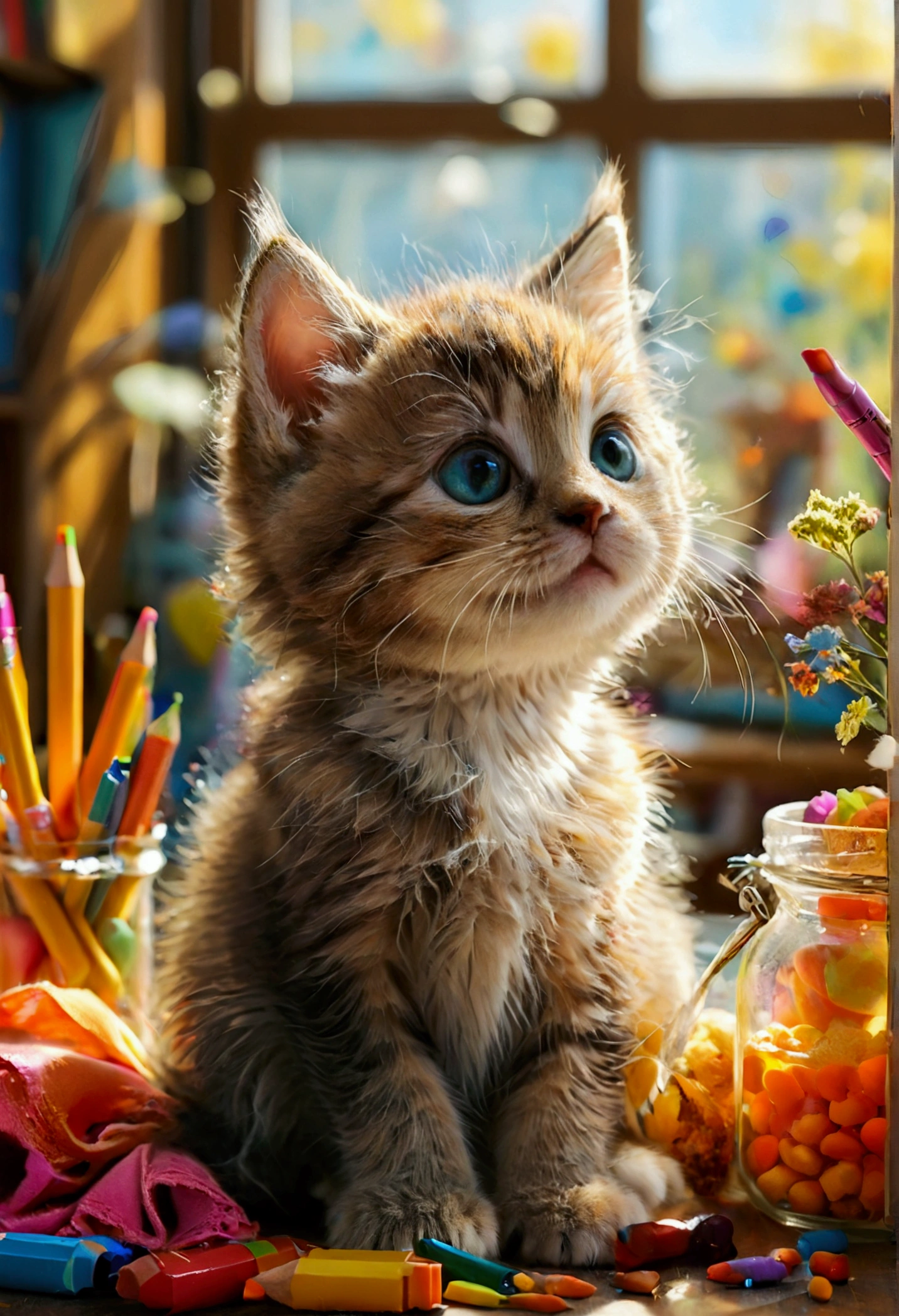Cute kitten with round furry eyes, “Classroom Fun: I enjoy my cozy classroom with bright, sunny windows where my friends and I sit together. We share colorful crayons and yummy snacks during our breaks.”
