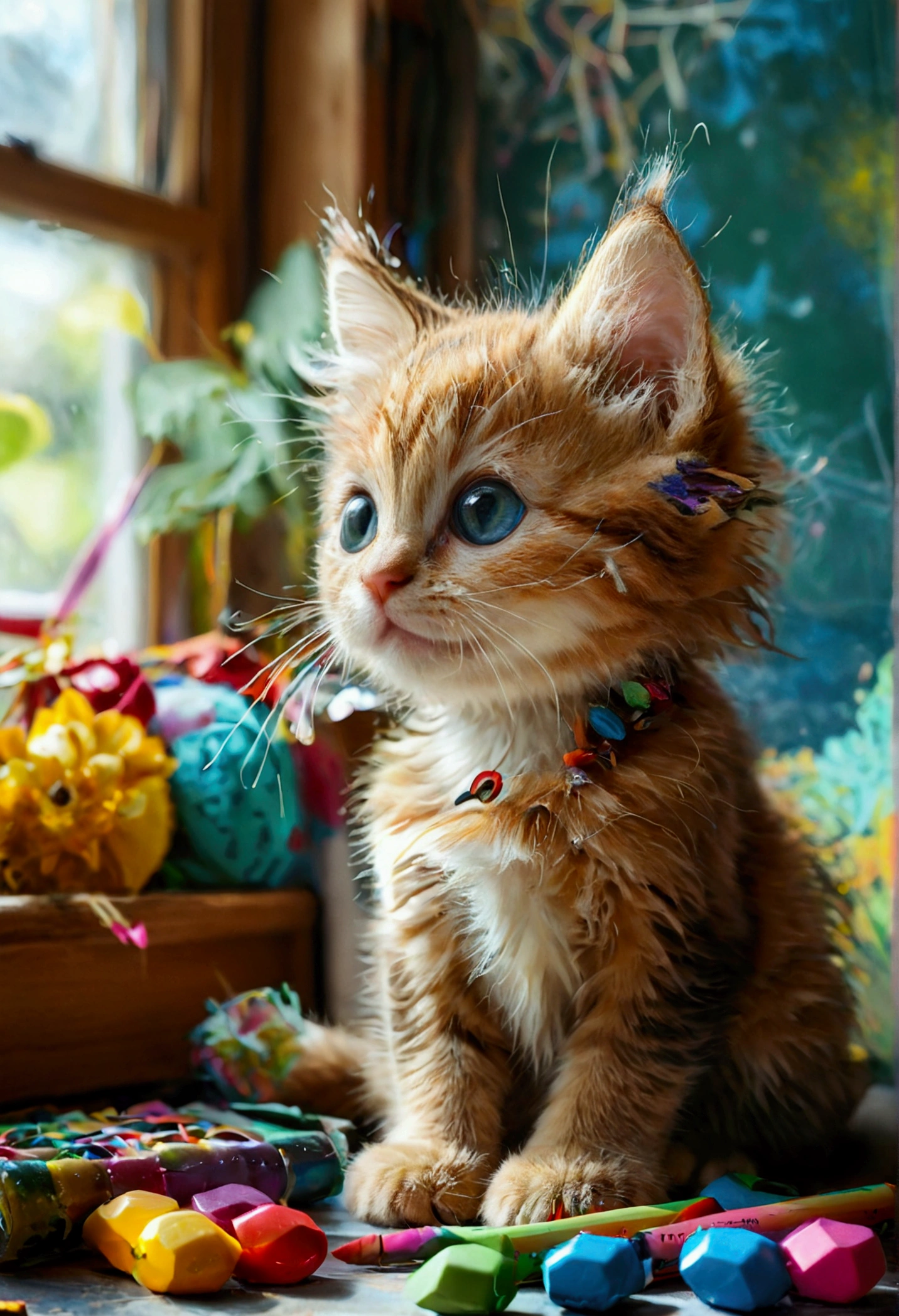 Cute kitten with round furry eyes, “Classroom Fun: I enjoy my cozy classroom with bright, sunny windows where my friends and I sit together. We share colorful crayons and yummy snacks during our breaks.”
