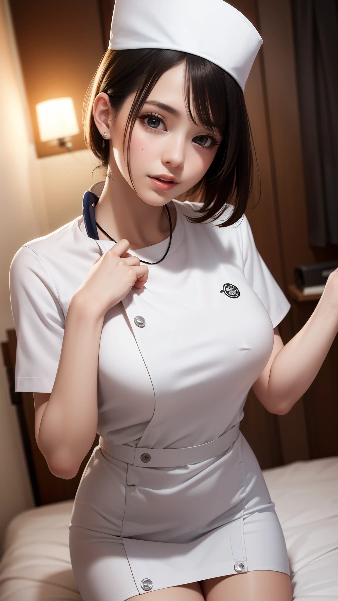 (masterpiece,ultra-detailed,best quality,8K,CG,illustration,shaved:1.0),(1girl:1) 、Dark Room、bedroom、Sexy gestures and faces、Sexy, jyojifuku,nurse