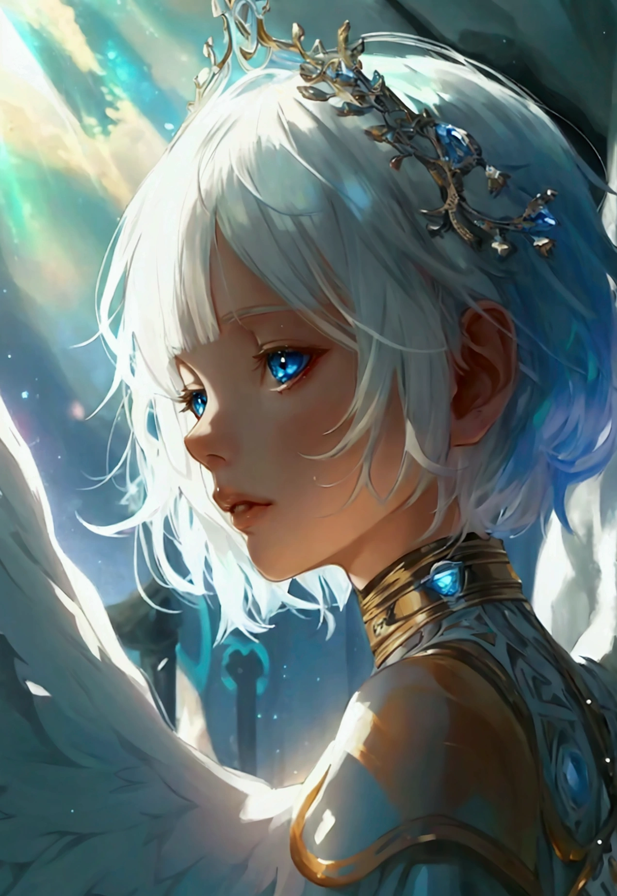 albino girl,fantasy anime, short hair, white blue eyes, with a metal heart in her hands, front view, 3/4, beutiful, aurora, bella, beautiful, angel,