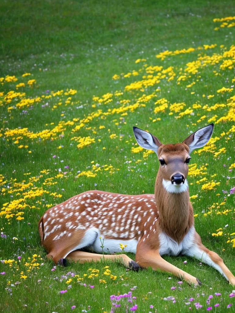 there is a deer that is laying down in the grass, beautiful and cute, beautiful nature, beautiful!!!!!!!!!, beautiful cute, covered in flowers, cute and adorable, aww, very cute, adorable and cute, peaceful looking animals, lovely and cute, wow it is beautiful, incredibly cute, beautiful detail, in a field of flowers, peaceful expression, beautiful shot