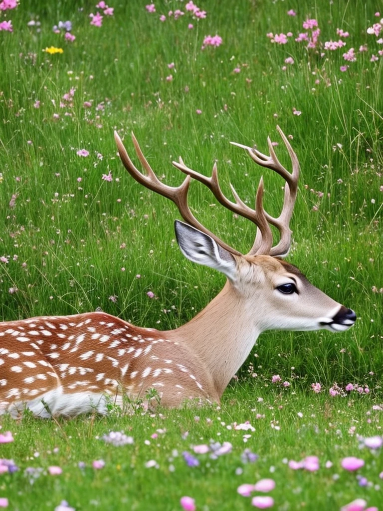 there is a deer that is laying down in the grass, beautiful and cute, beautiful nature, beautiful!!!!!!!!!, beautiful cute, covered in flowers, cute and adorable, aww, very cute, adorable and cute, peaceful looking animals, lovely and cute, wow it is beautiful, incredibly cute, beautiful detail, in a field of flowers, peaceful expression, beautiful shot