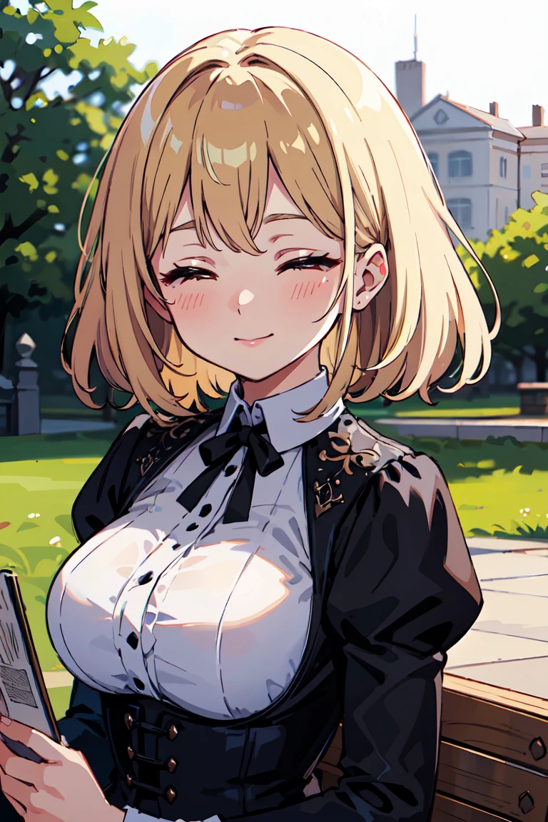 masterpiece, best quality, highly detailed background, perfect lighting, best quality, (extremely detailed face), volumetric lighting, intricate details, shadow, tonemapping, sharp focus, hyper detailed, trending on Artstation, (solo).Girl with short blond hair. Brown eyes. curvy. Blush, Clear skin. Big bust.((Gothic dressed)). ((Sitting in the park reading)) ((Ojos cerrados)) ((Closed eyes)) smile.