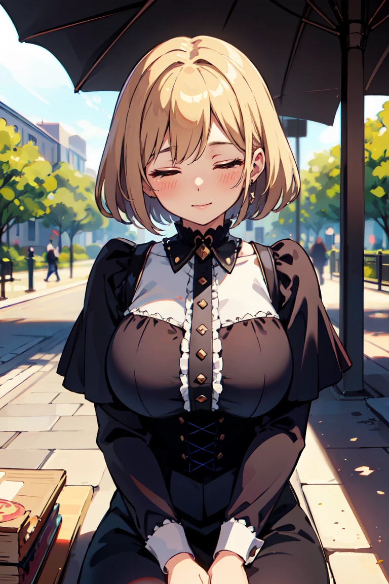 masterpiece, best quality, highly detailed background, perfect lighting, best quality, (extremely detailed face), volumetric lighting, intricate details, shadow, tonemapping, sharp focus, hyper detailed, trending on Artstation, (solo).Girl with short blond hair.  Brown eyes. curvy. Blush, Clear skin.  Big bust.((Gothic dressed)). ((Sitting in the park reading)) ((Ojos cerrados)) ((Closed eyes)) smile. 