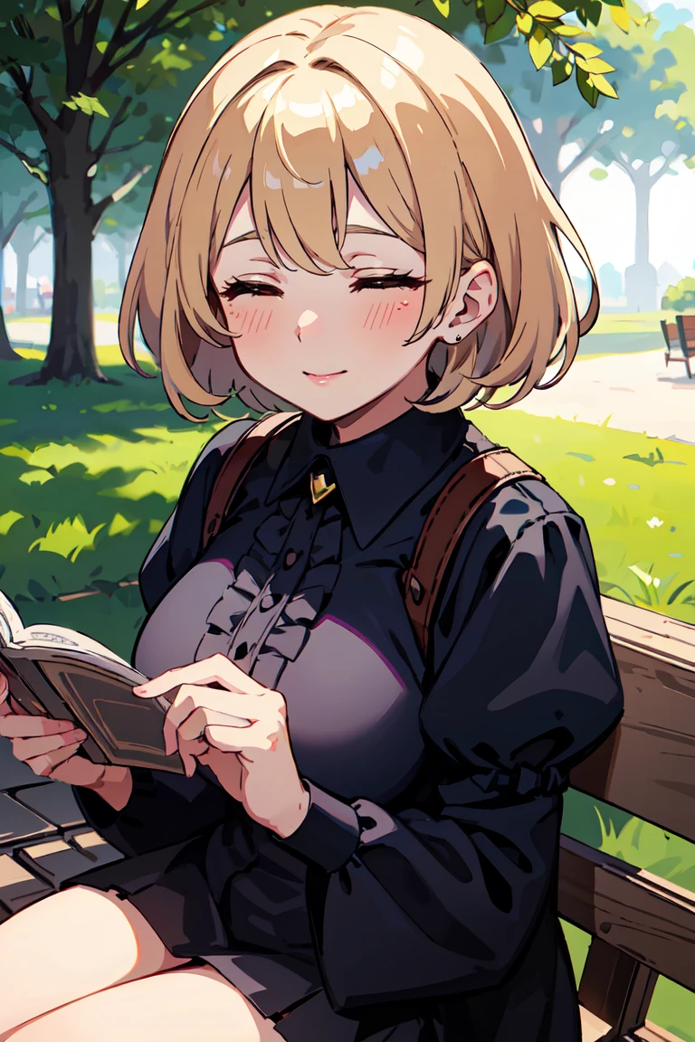 masterpiece, best quality, highly detailed background, perfect lighting, best quality, (extremely detailed face), volumetric lighting, intricate details, shadow, tonemapping, sharp focus, hyper detailed, trending on Artstation, (solo).Girl with short blond hair.  Brown eyes. curvy. Blush, Clear skin.  Big bust.((Gothic dressed)). ((Sitting in the park reading)) ((Ojos cerrados)) ((Closed eyes)) smile. 