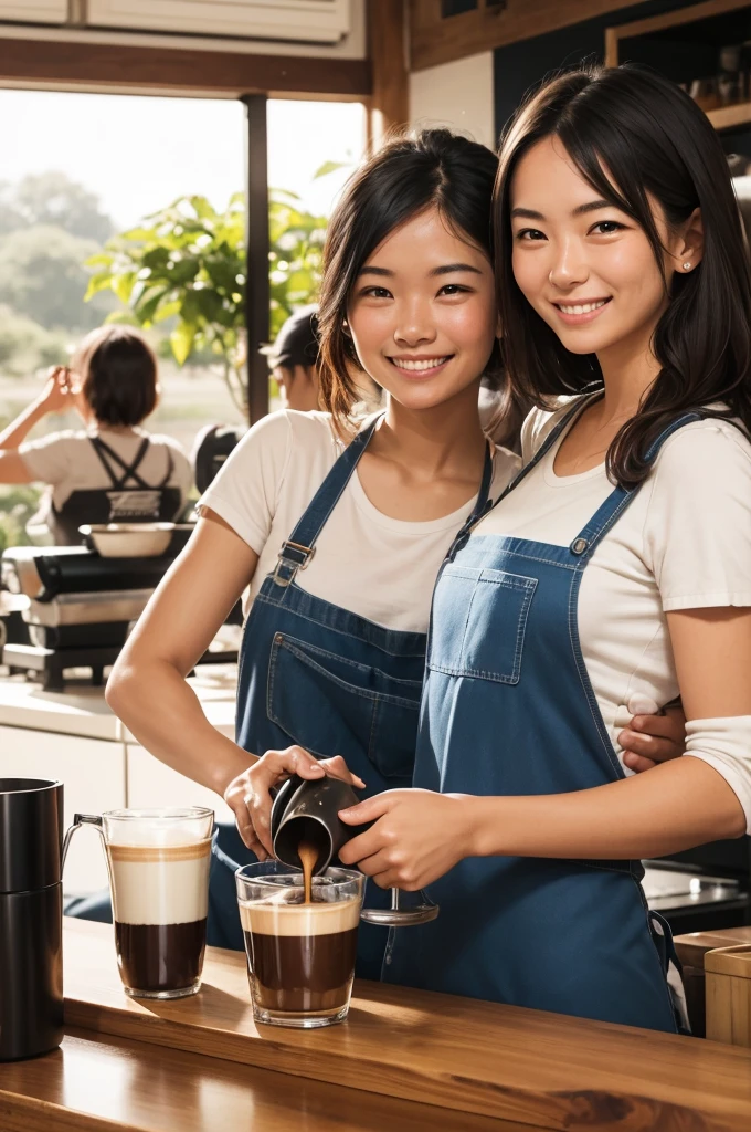 A barista preparing a cup of coffee with a smile.Happy customers enjoying their drinks.A farmer harvesting coffee beans.