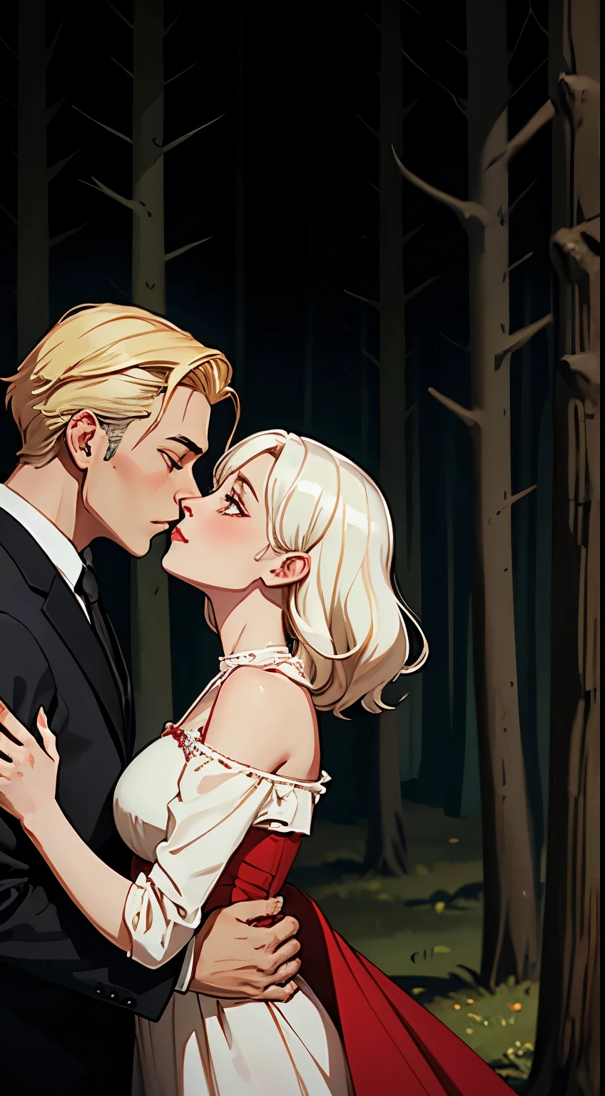 A dark forest background.
A girl With hair as white as paper blonde hair in a red dress. Being kissed by a man with black hair wearing a suit
