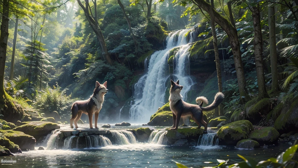 "Create an ultra-realistic 4K image with intricate details of a lively forest scene. The main subjects are a playful dog and a majestic wolf, interacting joyfully amidst the trees. Capture the essence of their playful behavior with precise detail, showing the dog's wagging tail and the wolf's playful stance. In the background, depict a cascading waterfall with sparkling water, and a vivid rainbow arching gracefully across the sky. The forest should be lush and vibrant, with sunlight filtering through the dense canopy, highlighting the rich textures of the foliage and the natural beauty of the scene."