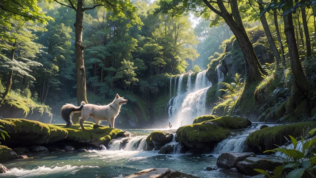 "Create an ultra-realistic 4K image with intricate details of a lively forest scene. The main subjects are a playful dog and a majestic wolf, interacting joyfully amidst the trees. Capture the essence of their playful behavior with precise detail, showing the dog's wagging tail and the wolf's playful stance. In the background, depict a cascading waterfall with sparkling water, and a vivid rainbow arching gracefully across the sky. The forest should be lush and vibrant, with sunlight filtering through the dense canopy, highlighting the rich textures of the foliage and the natural beauty of the scene."