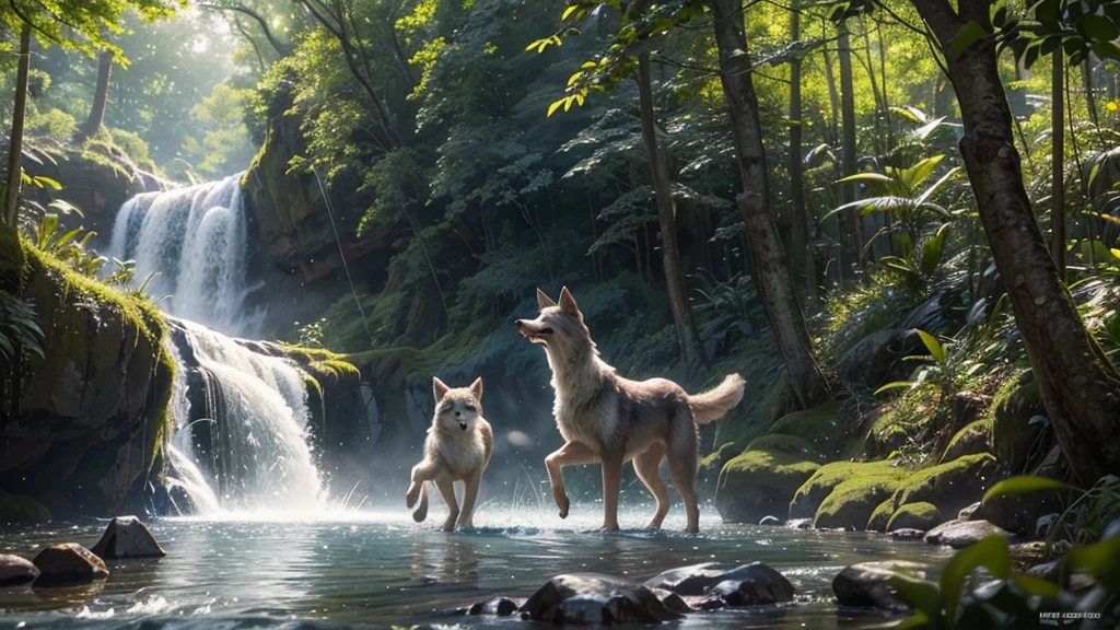 "Create an ultra-realistic 4K image with intricate details of a lively forest scene. The main subjects are a playful dog and a majestic wolf, interacting joyfully amidst the trees. Capture the essence of their playful behavior with precise detail, showing the dog's wagging tail and the wolf's playful stance. In the background, depict a cascading waterfall with sparkling water, and a vivid rainbow arching gracefully across the sky. The forest should be lush and vibrant, with sunlight filtering through the dense canopy, highlighting the rich textures of the foliage and the natural beauty of the scene."