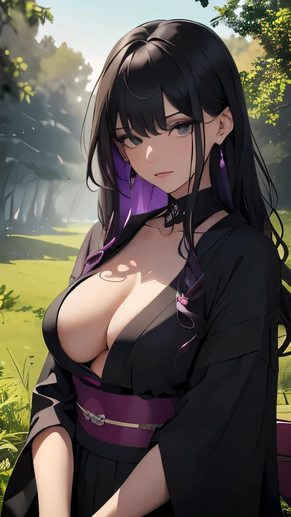 (Woman) Youngh, (whole body) Defined and slim, muslos grandes, medium breasts, (Large kimono) black coloration, with purple bands, (black hair with dark green highlights and wavy), (aretes), (collars), (paisaje) marsh, the night, dark surroundings, tree next door, (Body Position) sitting on the grass, Relaxed, (beautiful face) facefocus, angelical