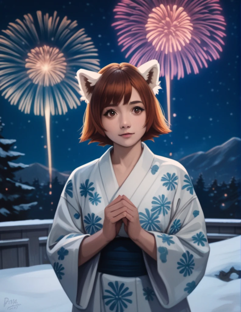 High-quality, high-definition, three-dimensional, photorealistic image in an anime-like painting style of a deformed, cute, fluffy-furred red panda  in a cool panda print yukata watching fireworks bloom in the night sky, with a fantastically beautiful prairie in the background,