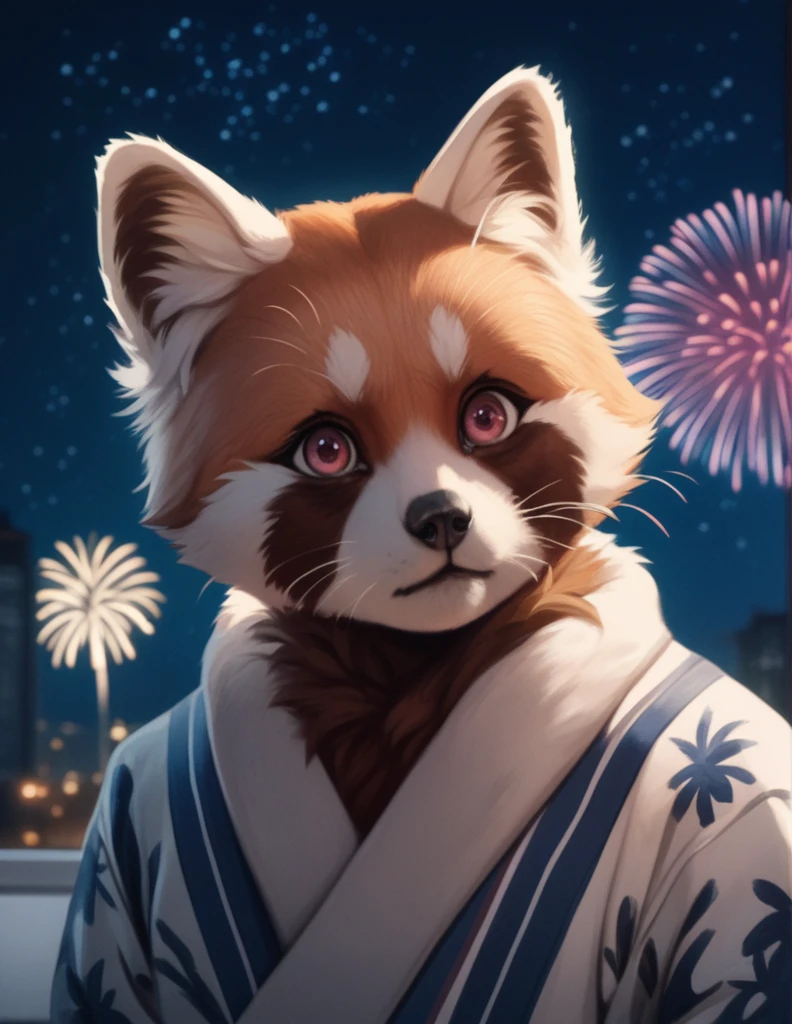 High-quality, high-definition, three-dimensional, photorealistic image in an anime-like painting style of a deformed, cute, fluffy-furred red panda  in a cool panda print yukata watching fireworks bloom in the night sky, with a fantastically beautiful prairie in the background,