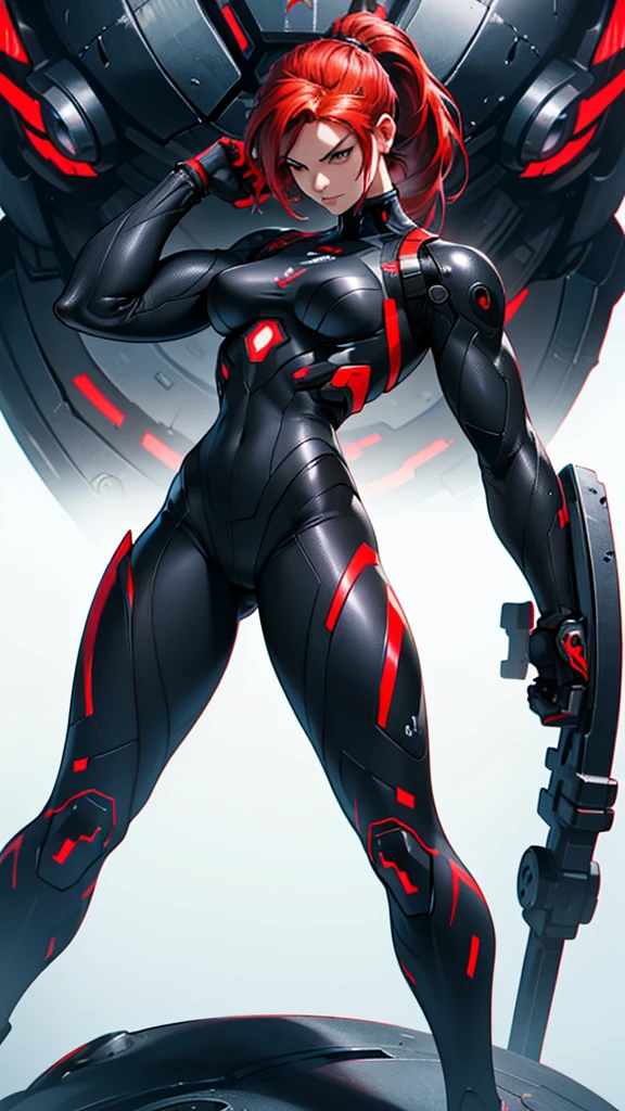 Beautiful cybernetic girl detailed muscles realistic masterpieces full figure pose (best quality,ultra-detailed), red hair, short ponytail, fair skin, fit body, slim figure, narrow waist, (cocky expression), black carbon fiber cybernetic mobile combat suit, dynamic pose