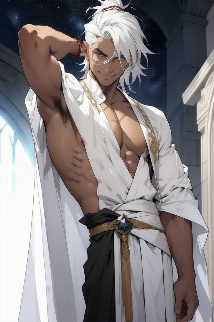 arrogant, male, mage, translucent robes, stars, fit, olive skin, smug, medium hair, dark skin, (white hair, eyebrows), ((tongue out)), on arm up, hairy, ((white body hair)), slutty