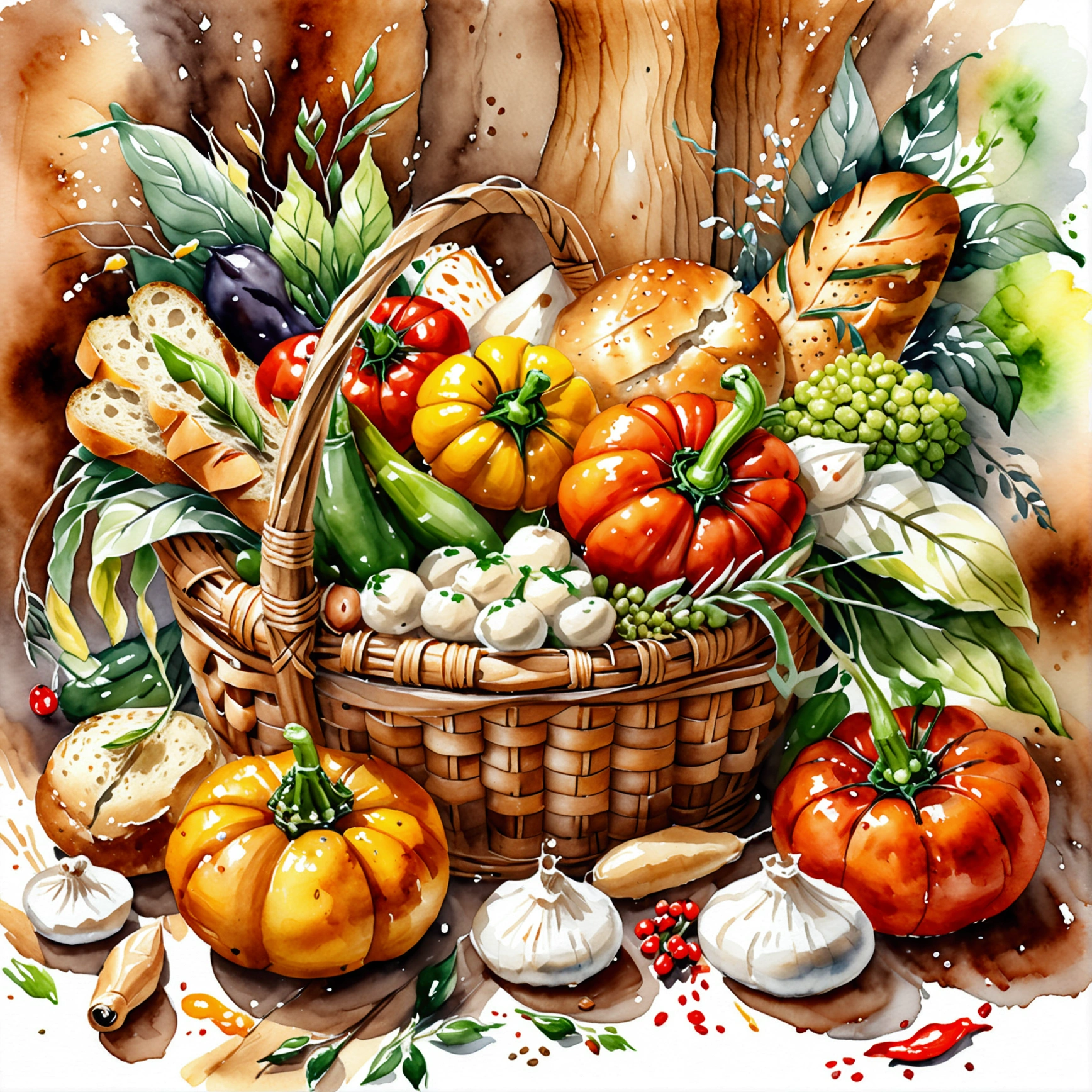 a wooden rattan basket full of vegetarian food, illustration, baking ingredients, isolated with solid white background, surrounded with negative space, centered composition, 8k, highest detailed painting, very precise painting, Isolated, clear solid white background, perspective angle of view, cartoon style, ((watercolor:1)), clip art, (lora:add-detail-xl:1), (masterpiece), (best quality), no bread on the floor,