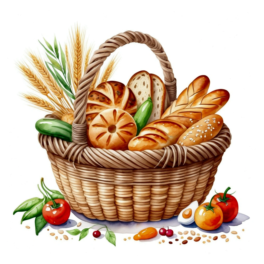 a wooden rattan basket full of vegetarian food, illustration, baking ingredients, isolated with solid white background, surrounded with negative space, centered composition, 8k, highest detailed painting, very precise painting, Isolated, clear solid white background, perspective angle of view, cartoon style, ((watercolor:1)), clip art, (lora:add-detail-xl:1), (masterpiece), (best quality), no bread on the floor,