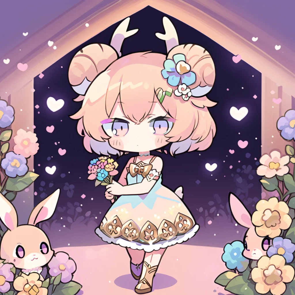 chibi\(style\), bunny girl, anthro, furry, short curly hair, antlers, dress, pastel, flowers