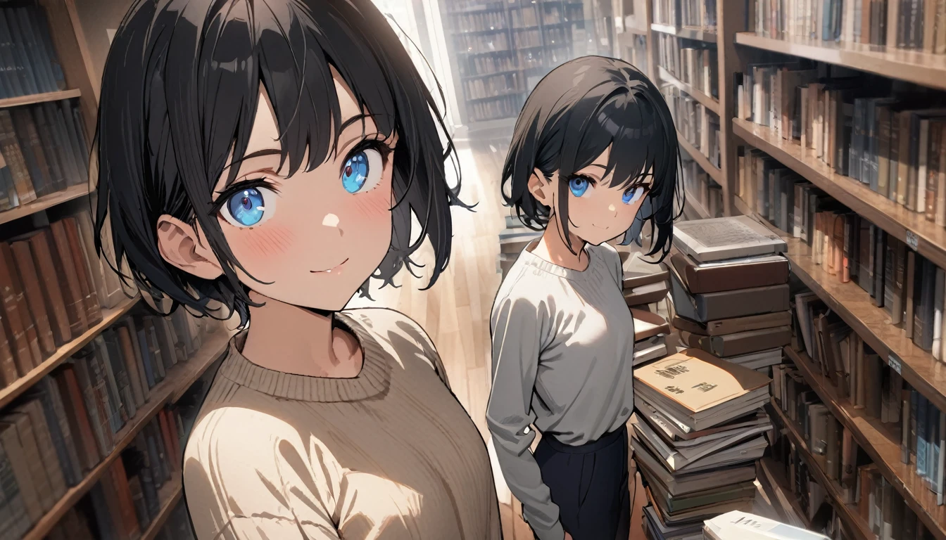 1girl, solo, gentle smile on her face flat chest, short hair, black hair, blue eyes, (detailed eyes), ((masterpiece, illustration, best quality)) ((best quality)), ((masterpiece)), (detailed), perfect face, A young woman wearing formal clothes and is in a library, 21 year old woman, pretty face, in library, holding stack of books, slacks, sweater,