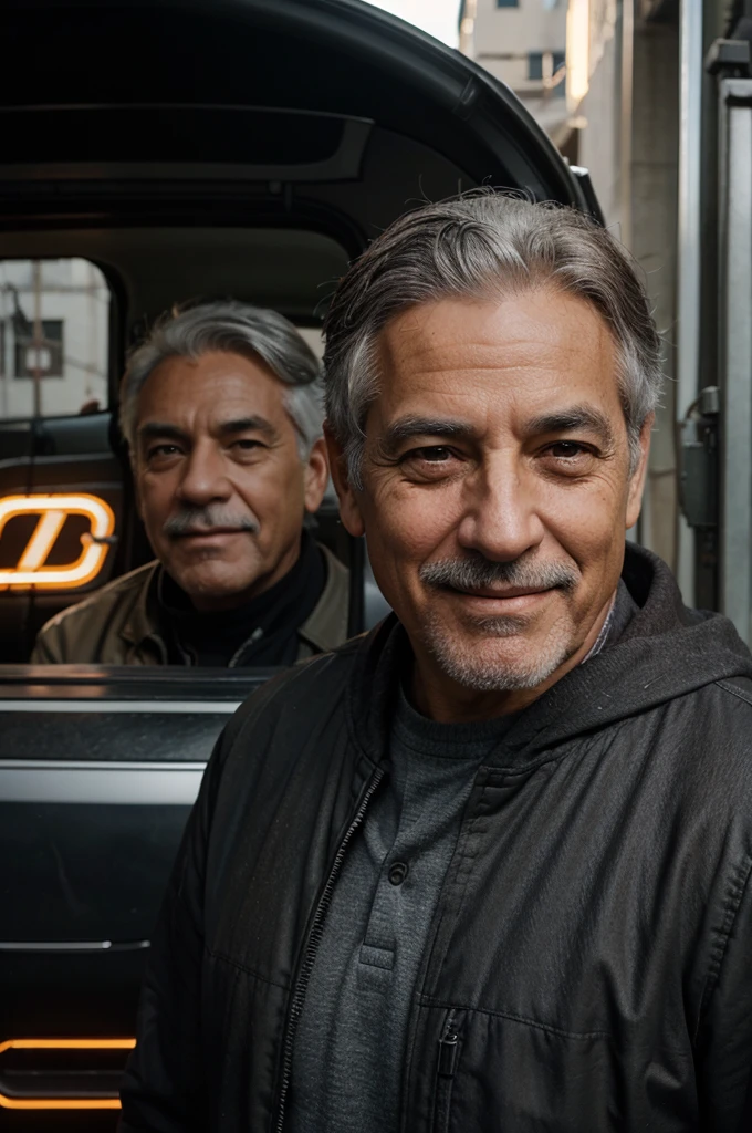 cinematographic, realistic, man, old man, brown eyes, smiling, just one, realistic near cars, black, gray hair, realistic