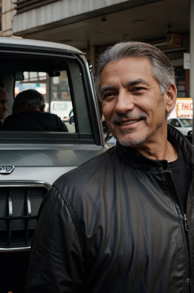 cinematographic, realistic, man, old man, brown eyes, smiling, just one, realistic near cars, black, gray hair, realistic