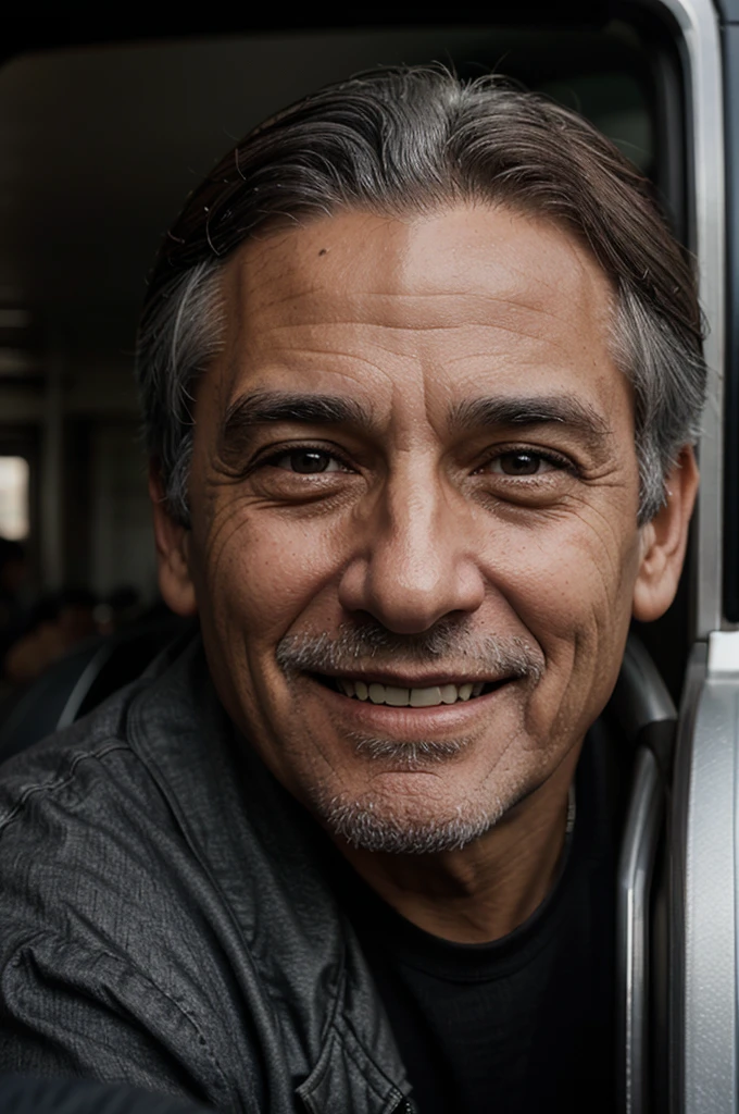 cinematographic, realistic, man, old man, brown eyes, smiling, just one, realistic near cars, black, gray hair, realistic