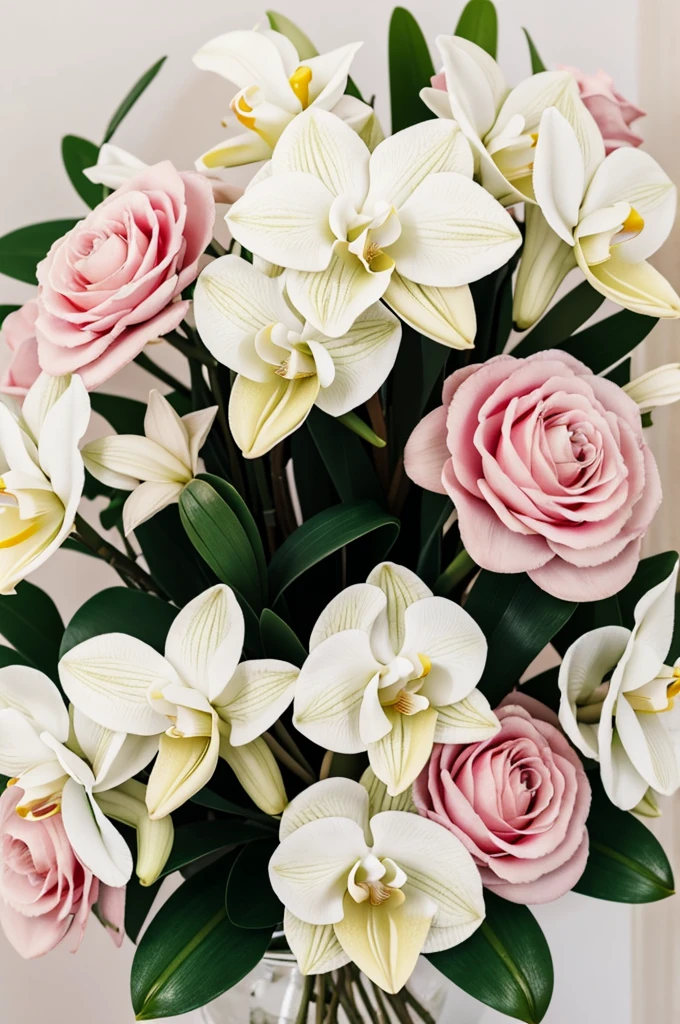 A bouquet of orchids and gardenias together, featuring pastel colors such as white and pastel pink. The orchids have delicate petals with soft hues, and the gardenias are lush and fragrant, creating an elegant and harmonious arrangement. The bouquet is tied with a silk ribbon that complements the pastel color palette, and the background is simple to highlight the beauty of the flowers