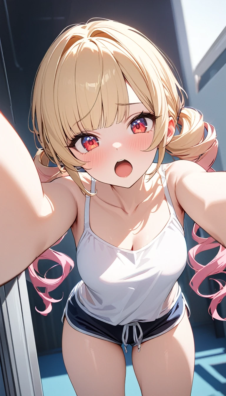 ((最high quality, 8K, masterpiece)), High resolution、(high quality: 1.5)、Very detailed、Detailed face、Bright colors、Natural light、Fine grain、Colorful eyes、Beautiful Face、非常にDetailed faceのテクスチャの女性,masterpiece, 最high quality, Detailed and beautiful eyes,最high quality、Best image quality、masterpiece、Pink tip gradient,blonde,Twin tails up to the shoulders,Red eyes,high school girl,A nice face,Slightly curled twin tails,Medium chest,vapor,(Selfie 1.5),Front view, (From below), Curly side bangs down to the collarbone, With pink gradient tip,whole body,Dolphin Shorts,White camisole, Close to the audience,Open your mouth