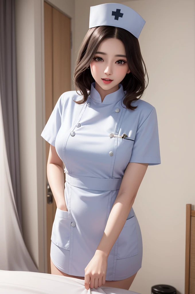 (masterpiece,ultra-detailed,best quality,8K,CG,illustration,shaved:1.0),(1girl:1) 、Dark Room、bedroom、Sexy gestures and faces、Sexy, jyojifuku,nurse