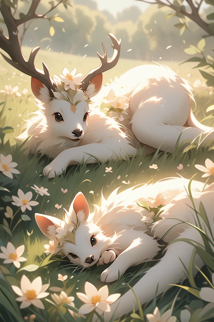 there is a deer that is laying down in the grass, beautiful and cute, beautiful nature, beautiful!!!!!!!!!, beautiful cute, covered in flowers, cute and adorable, aww, very cute, adorable and cute, peaceful looking animals, lovely and cute, wow it is beautiful, incredibly cute, beautiful detail, in a field of flowers, peaceful expression, beautiful shot